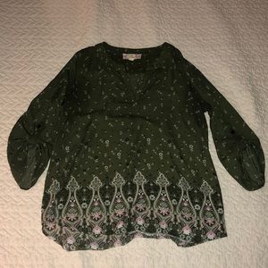 Deep Green 3/4 Sleeve Blouse with Floral Pattern